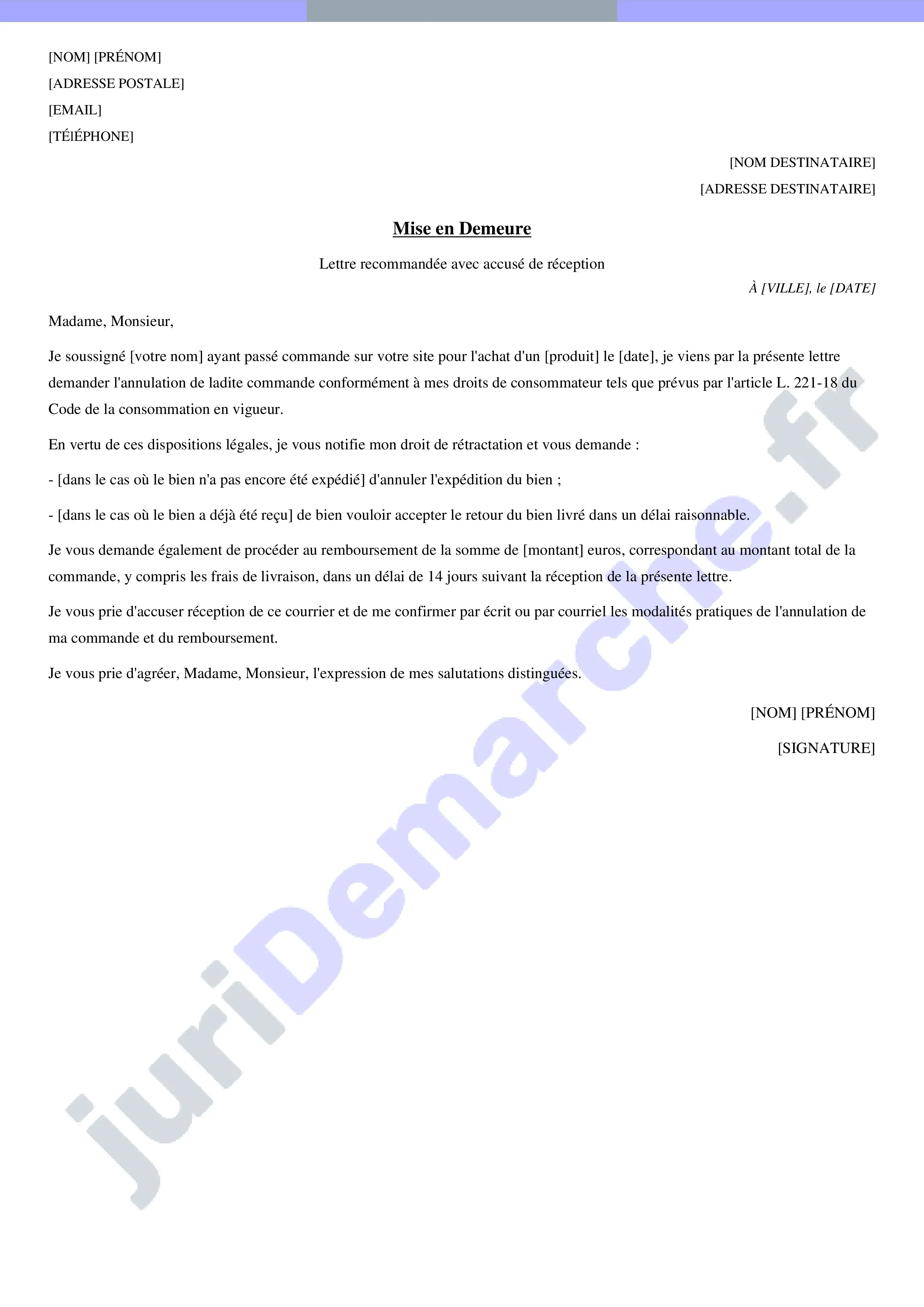 Lettre de demande d'annulation de commande