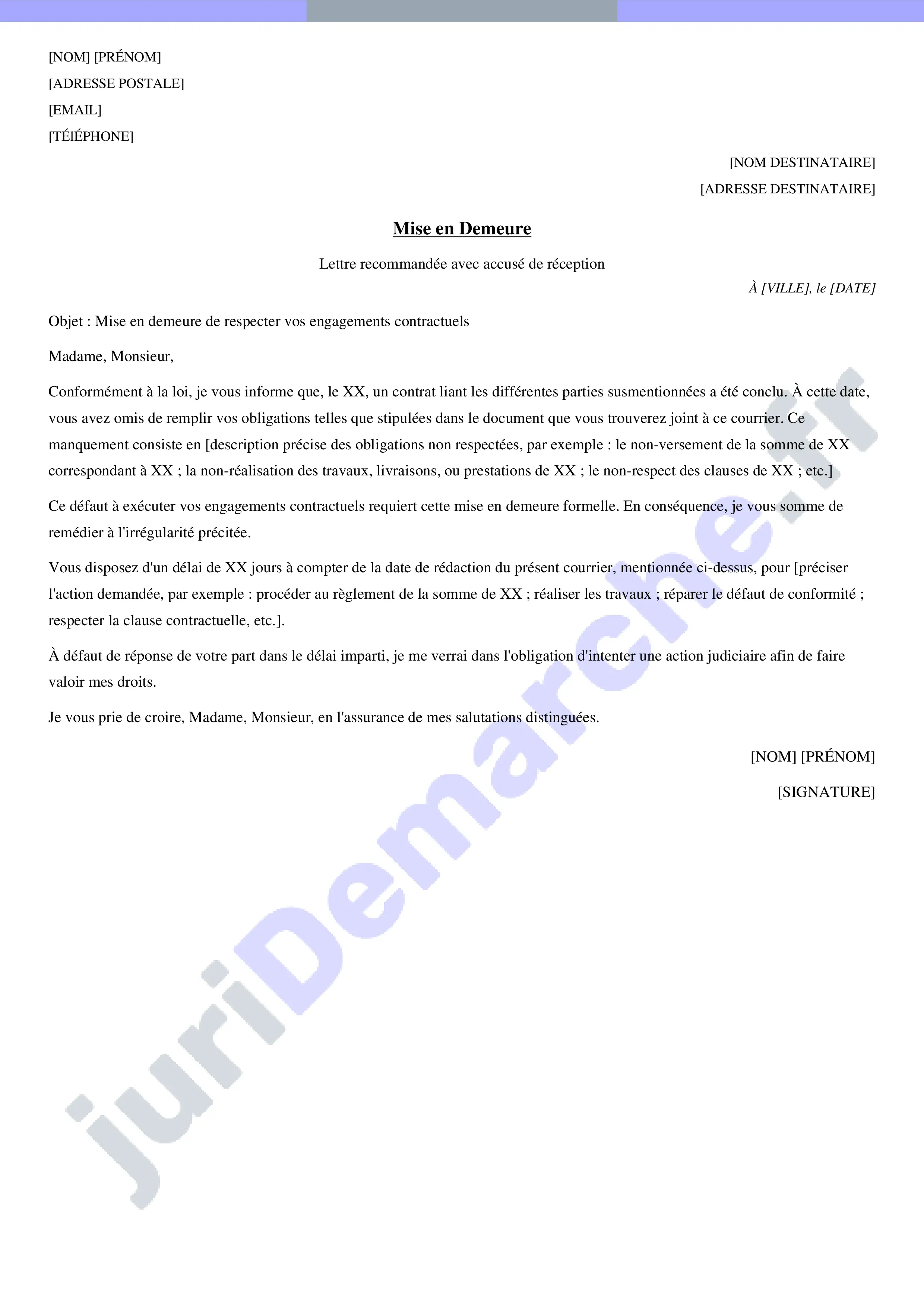 Modèle de lettre de mise en demeure pour non-respect du contrat