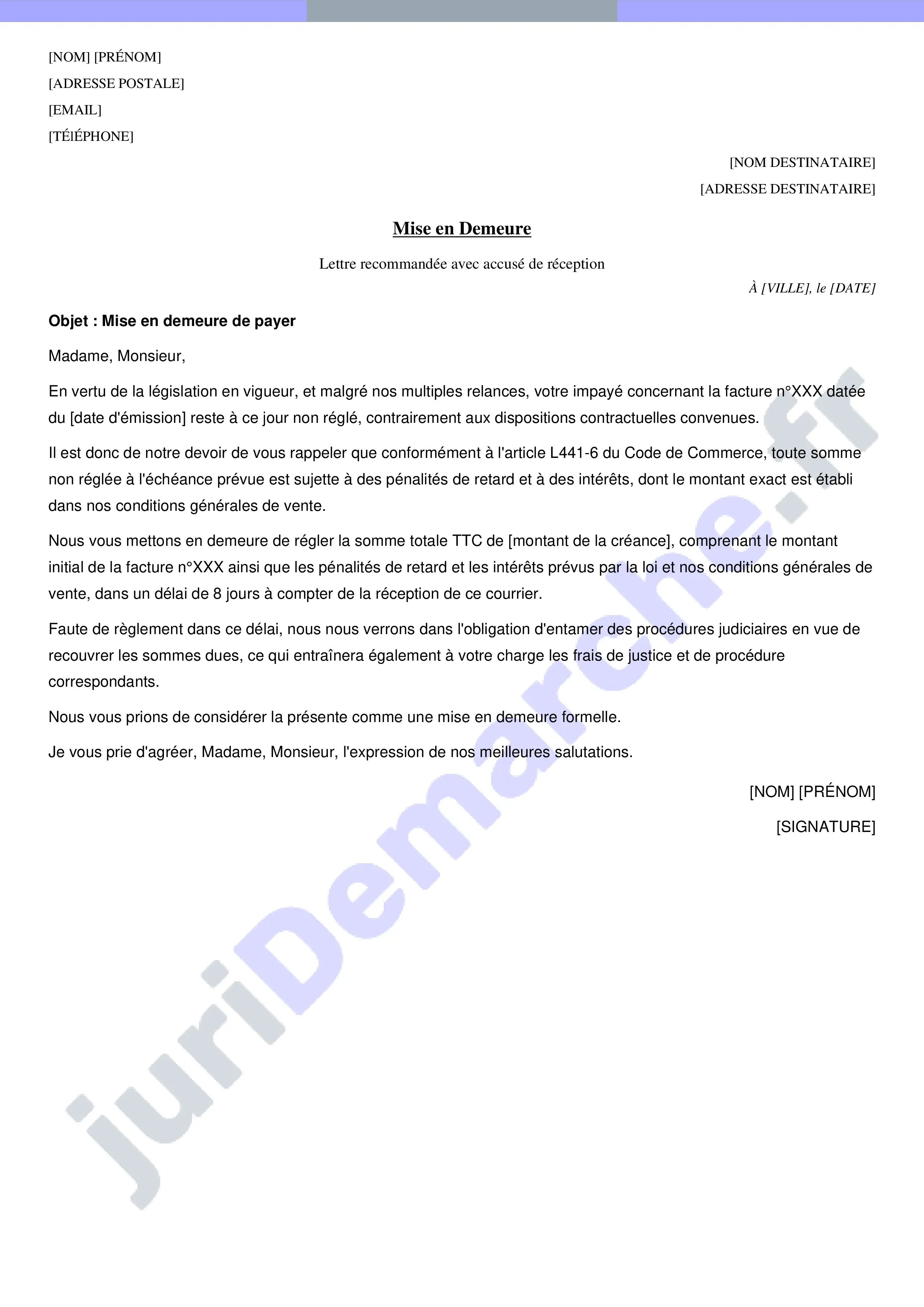 Lettre mise en demeure facture impayée