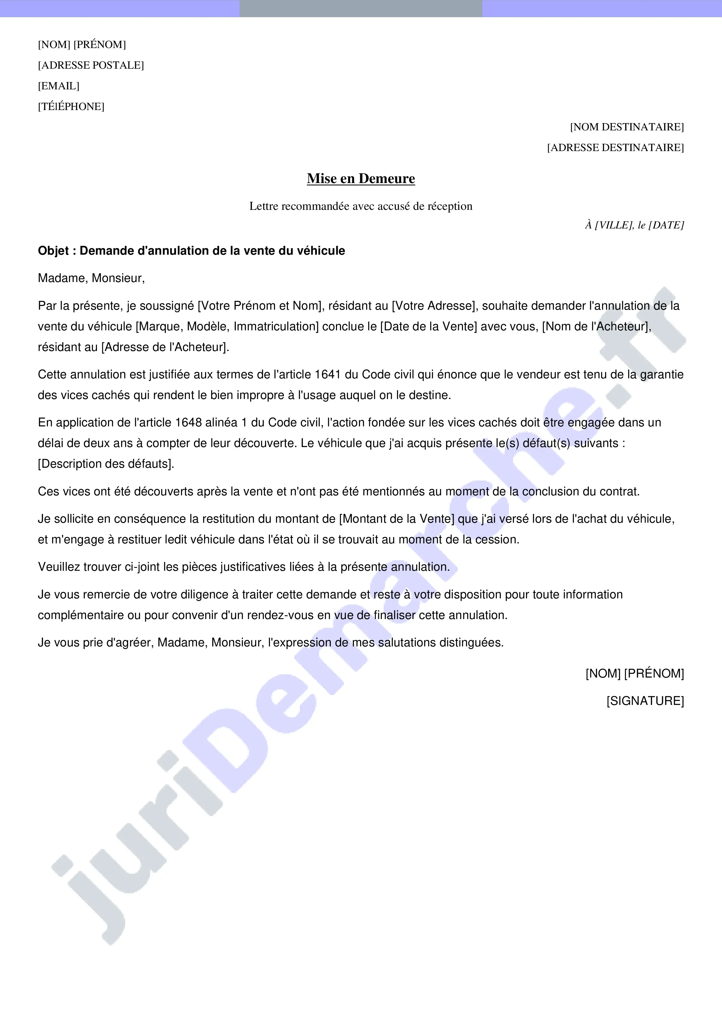 Lettre type annulation vente voiture entre particulier : modèle gratuit