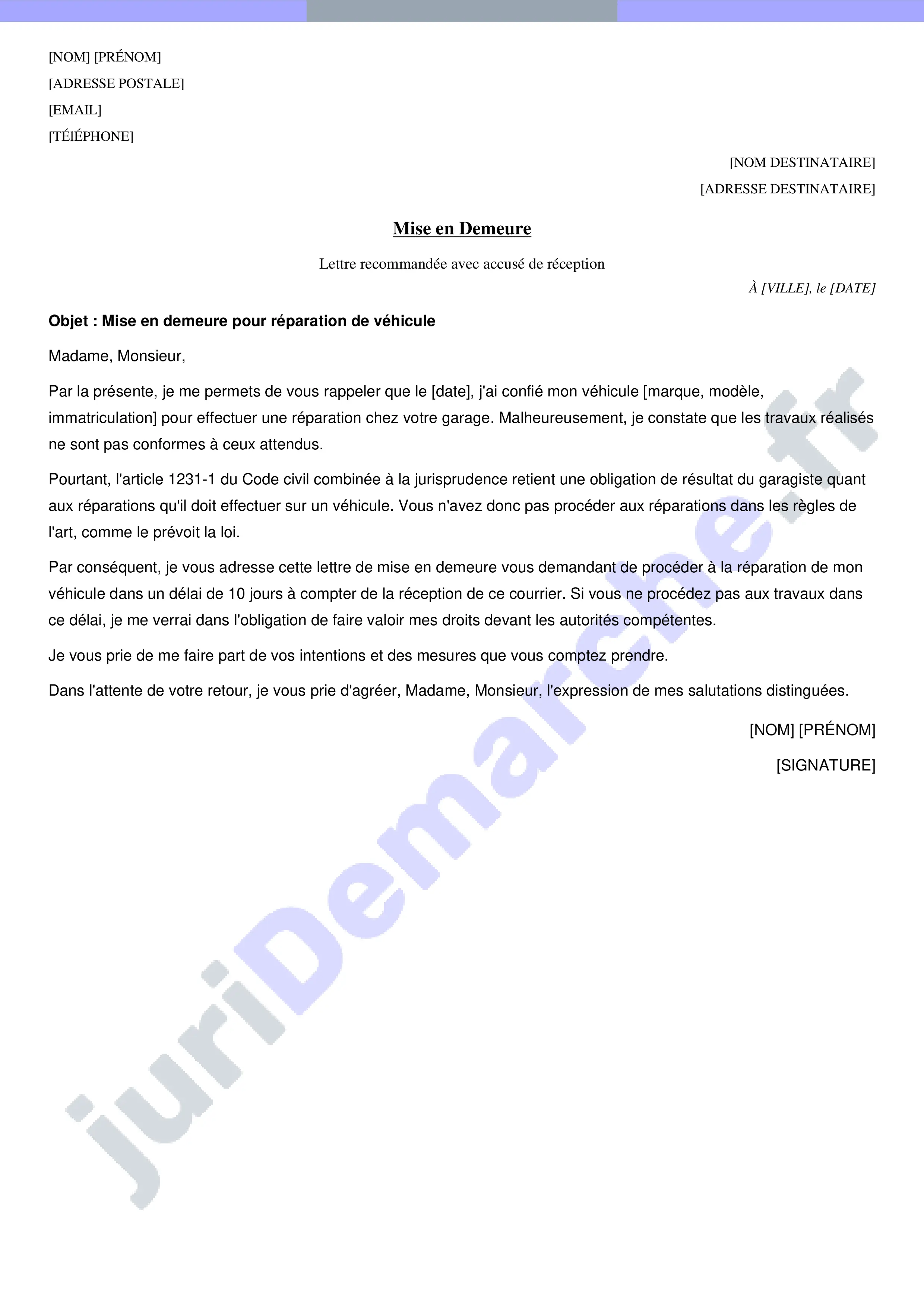 Exemple de lettre mise en demeure réparation voiture : votre modèle