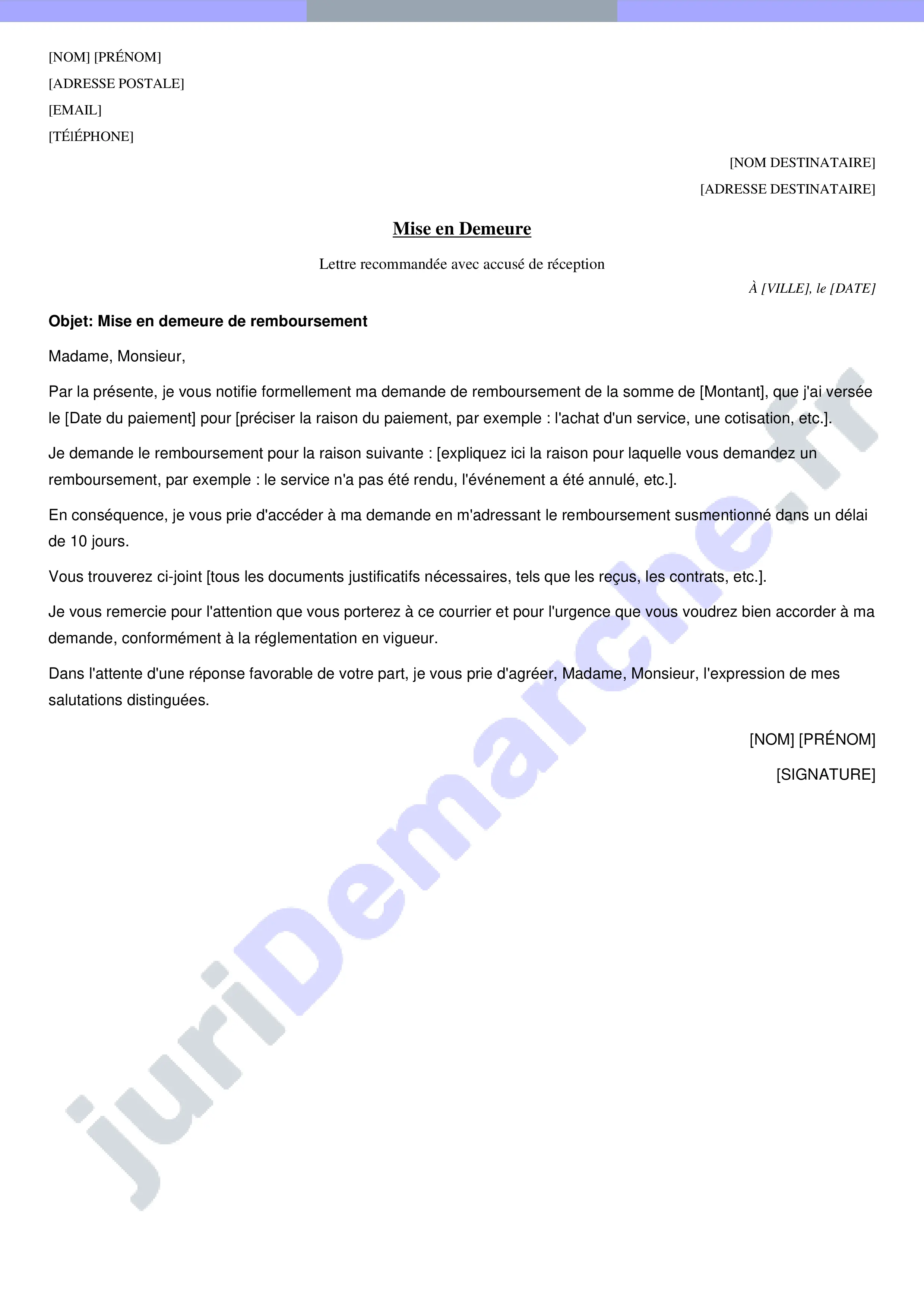 Exemple de lettre de demande de remboursement d'argent