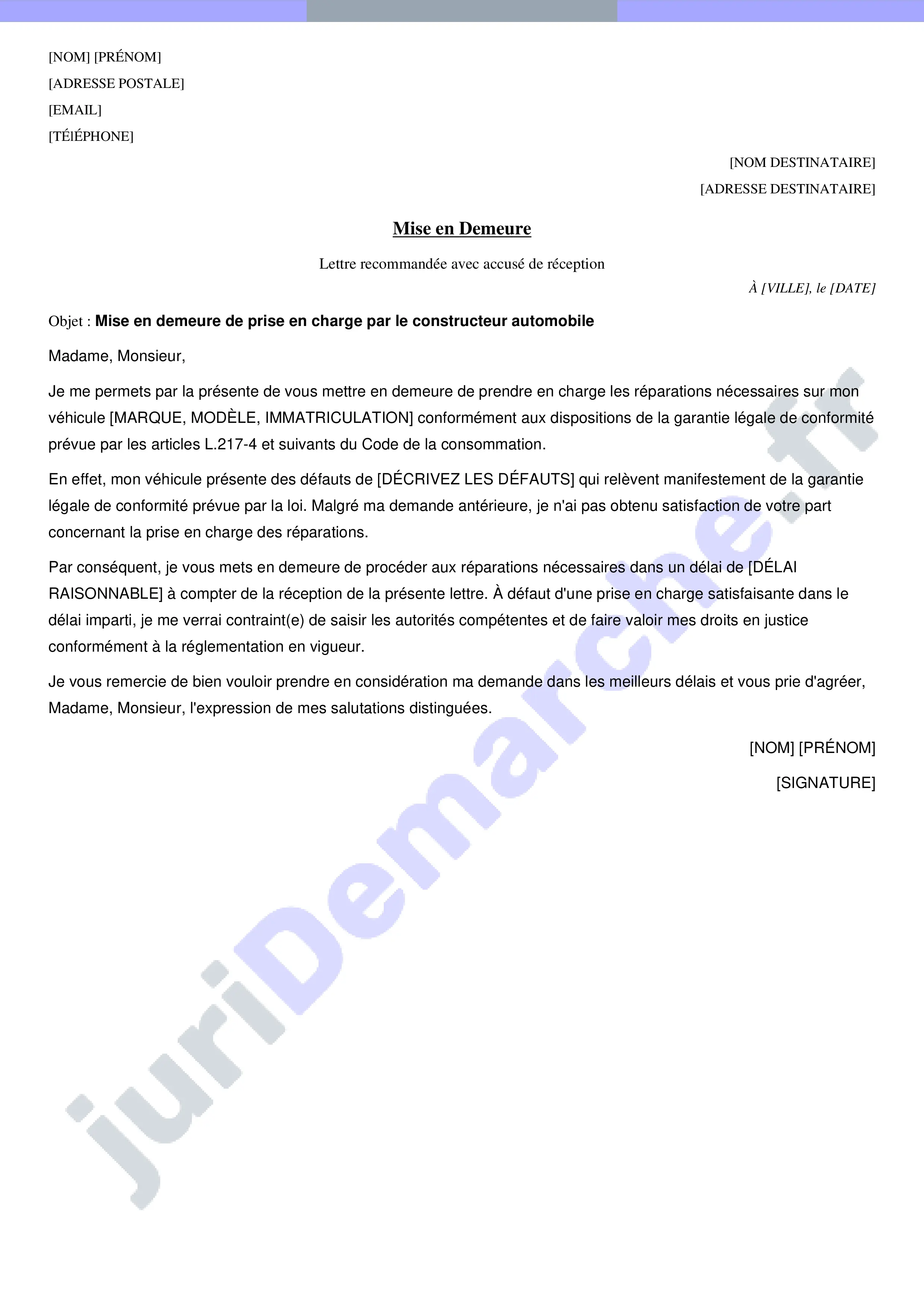 Lettre type demande de prise en charge constructeur automobile
