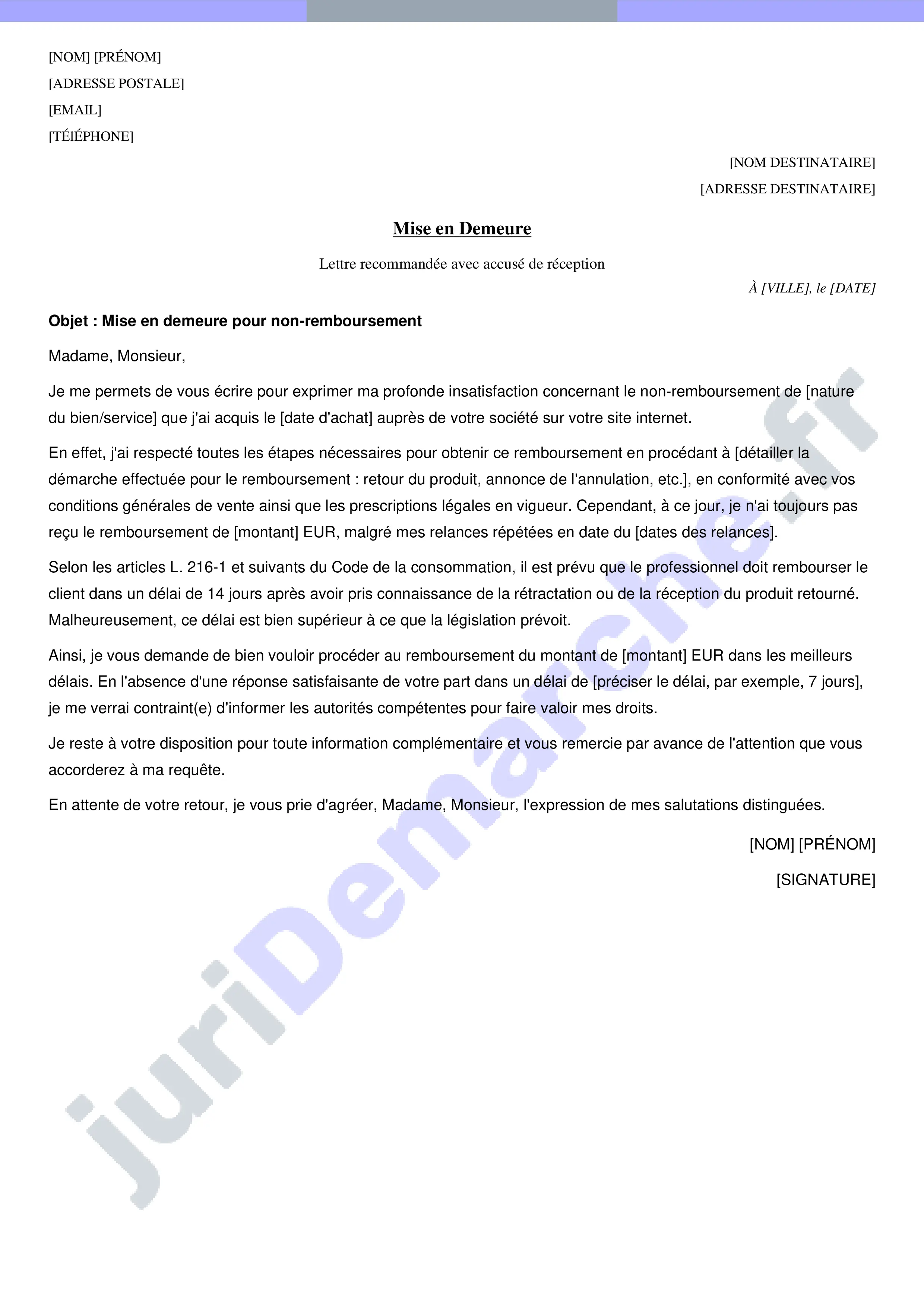 Modèle de lettre de réclamation pour non remboursement : exemple de courrier