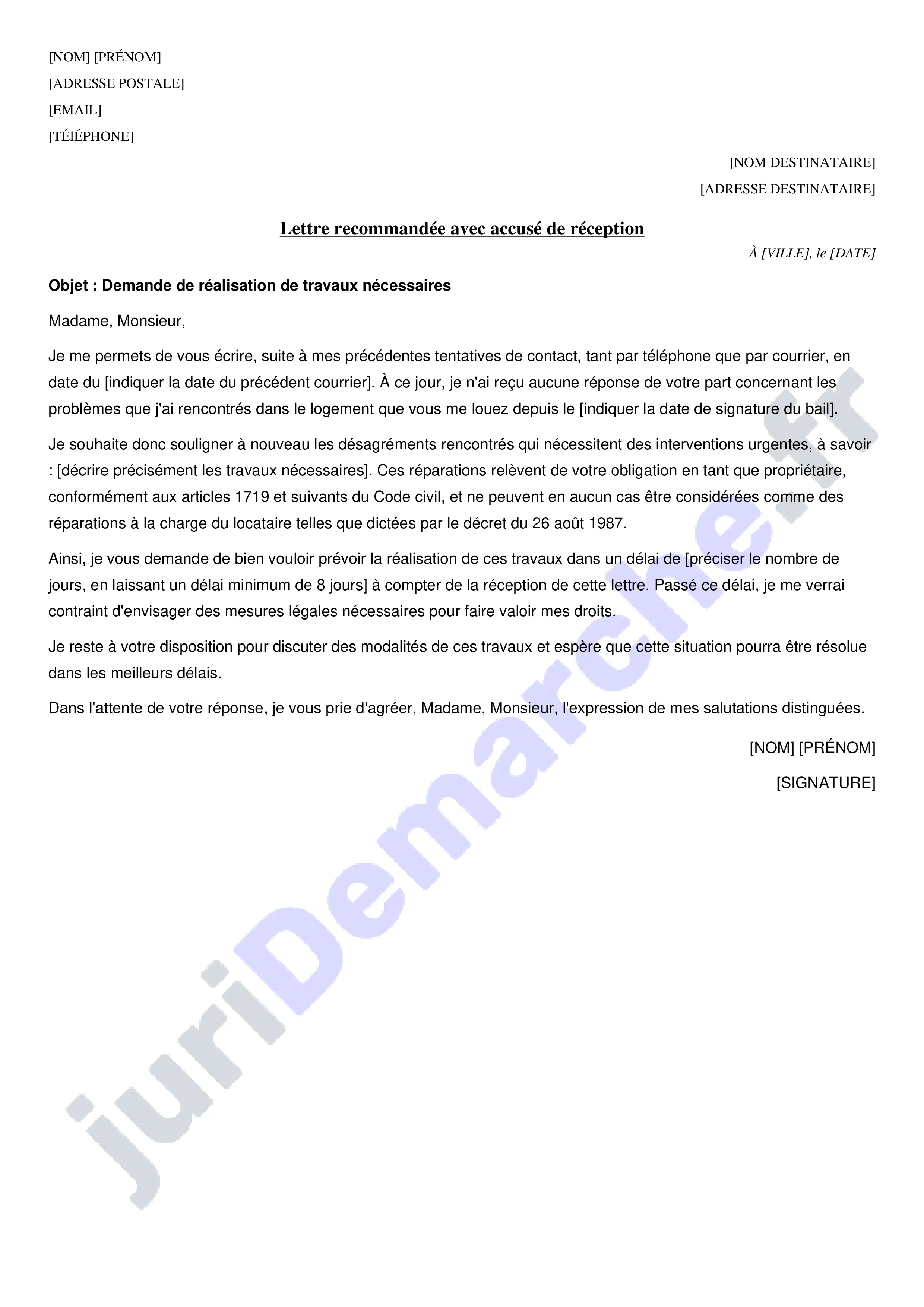 Lettre pour demander au propriétaire de faire des travaux : modèle gratuit.
