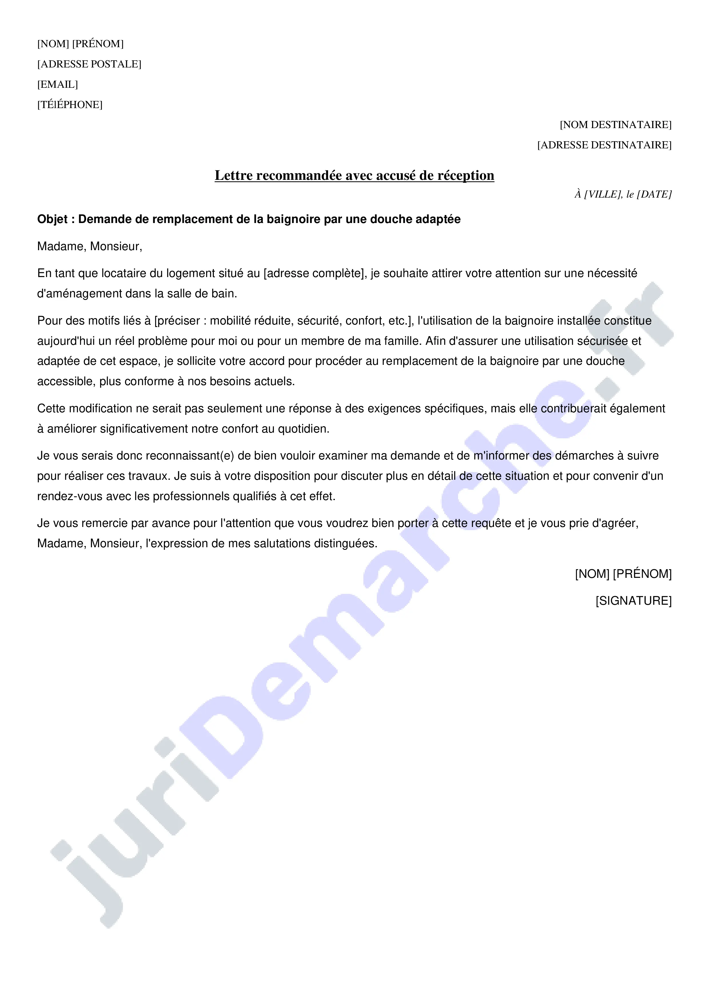 Lettre pour demander à son bailleur de changer la baignoire en douche adaptée : exemple