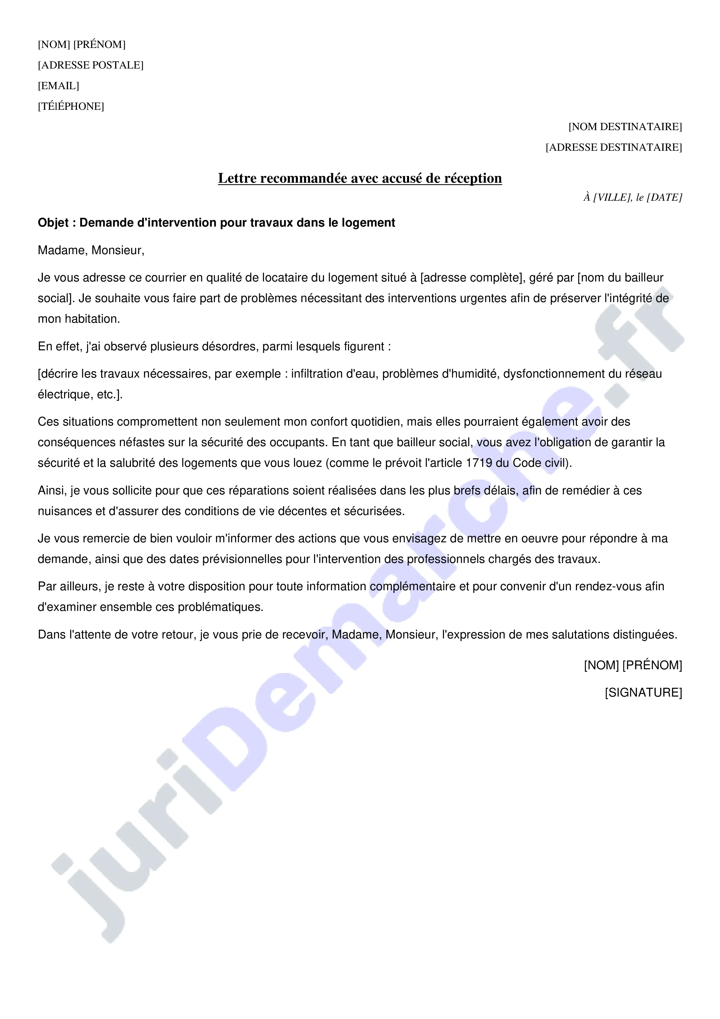 Modèle lettre bailleur sociaux pour travaux : exemple