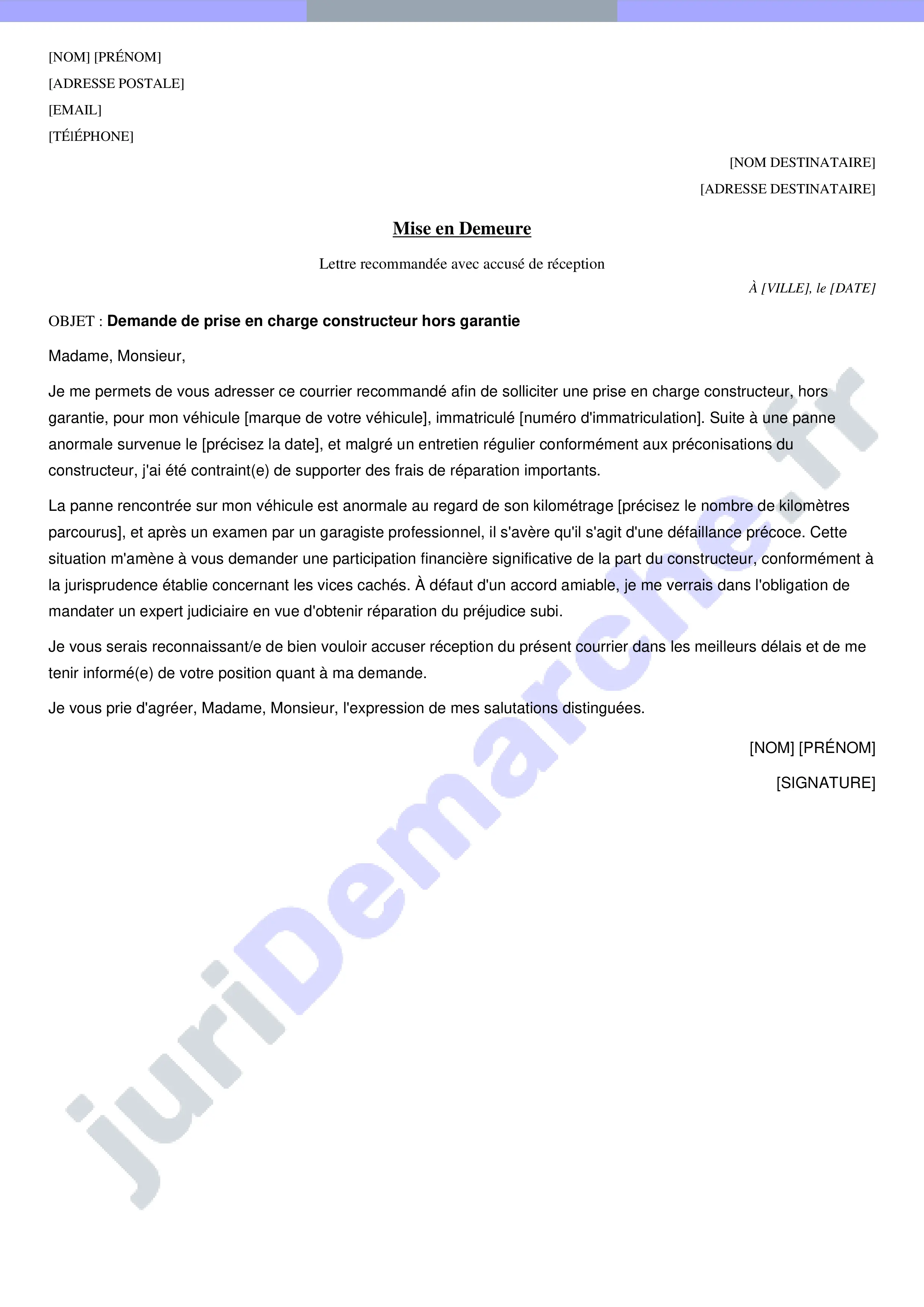 Lettre prise en charge constructeur hors garantie