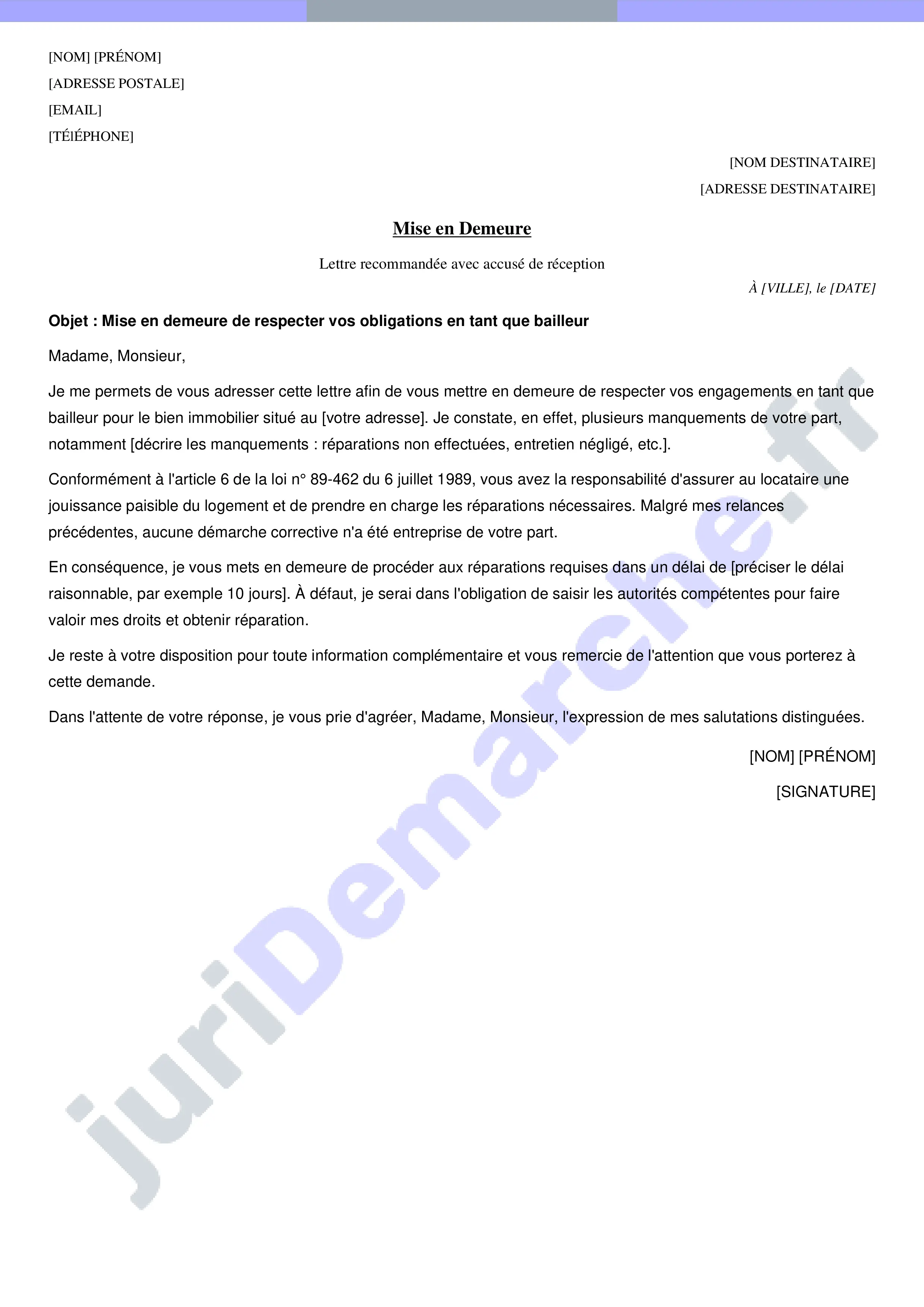 Mise en demeure au bailleur de respecter ses obligations : exemple
