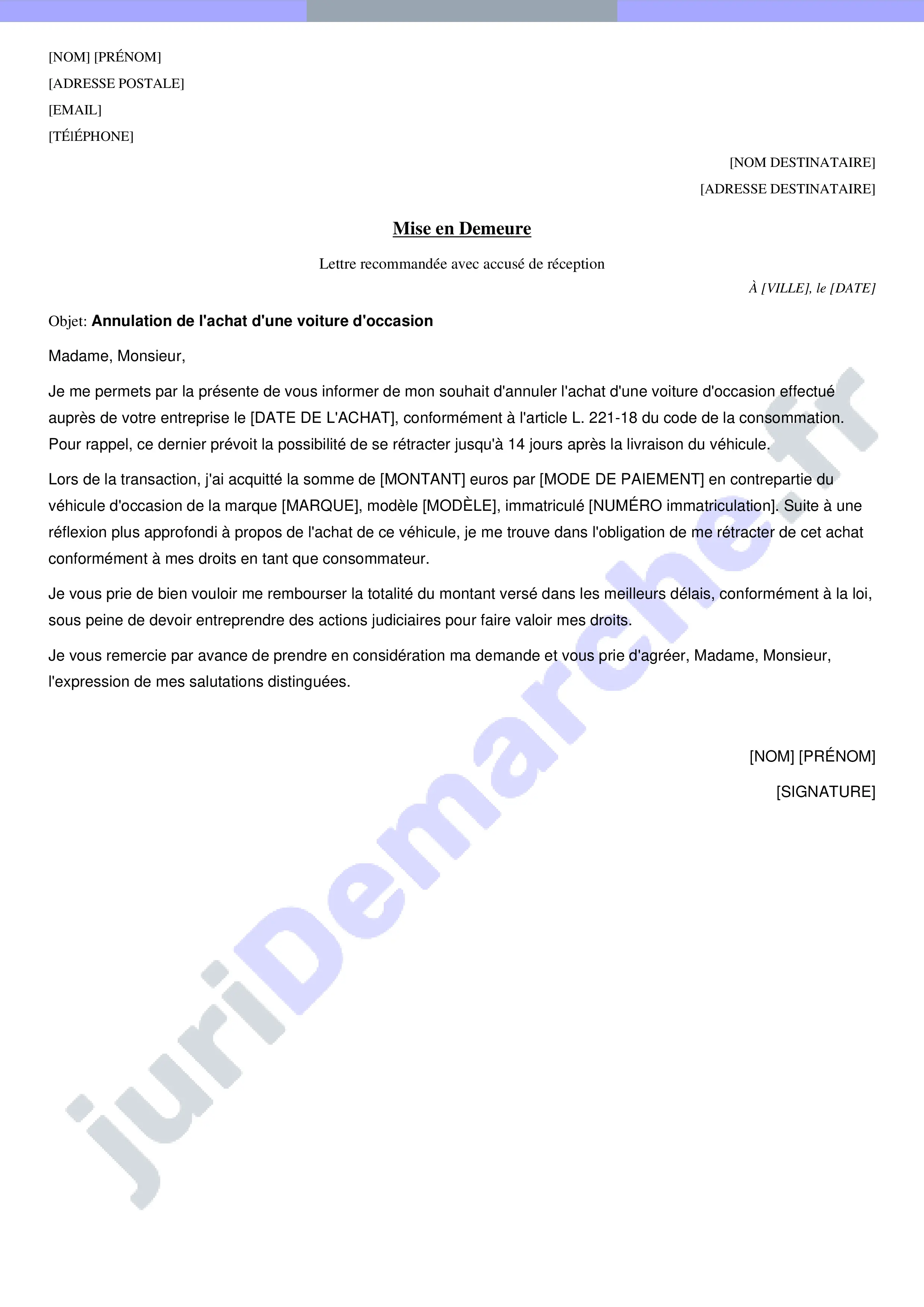 Modèle lettre annulation vente voiture occasion professionnel
