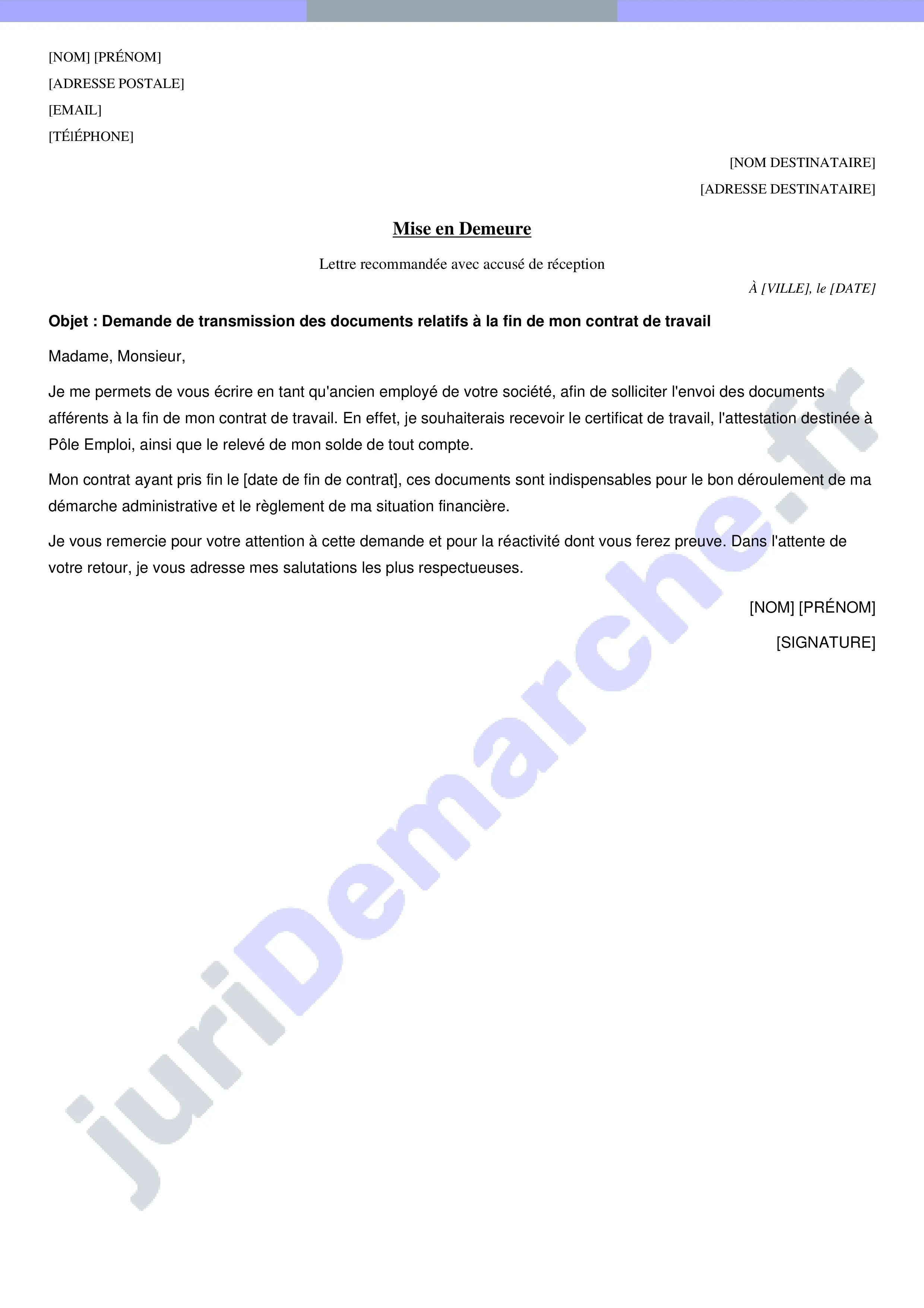 Modèle de lettre pour demander les documents de fin de contrat de travail