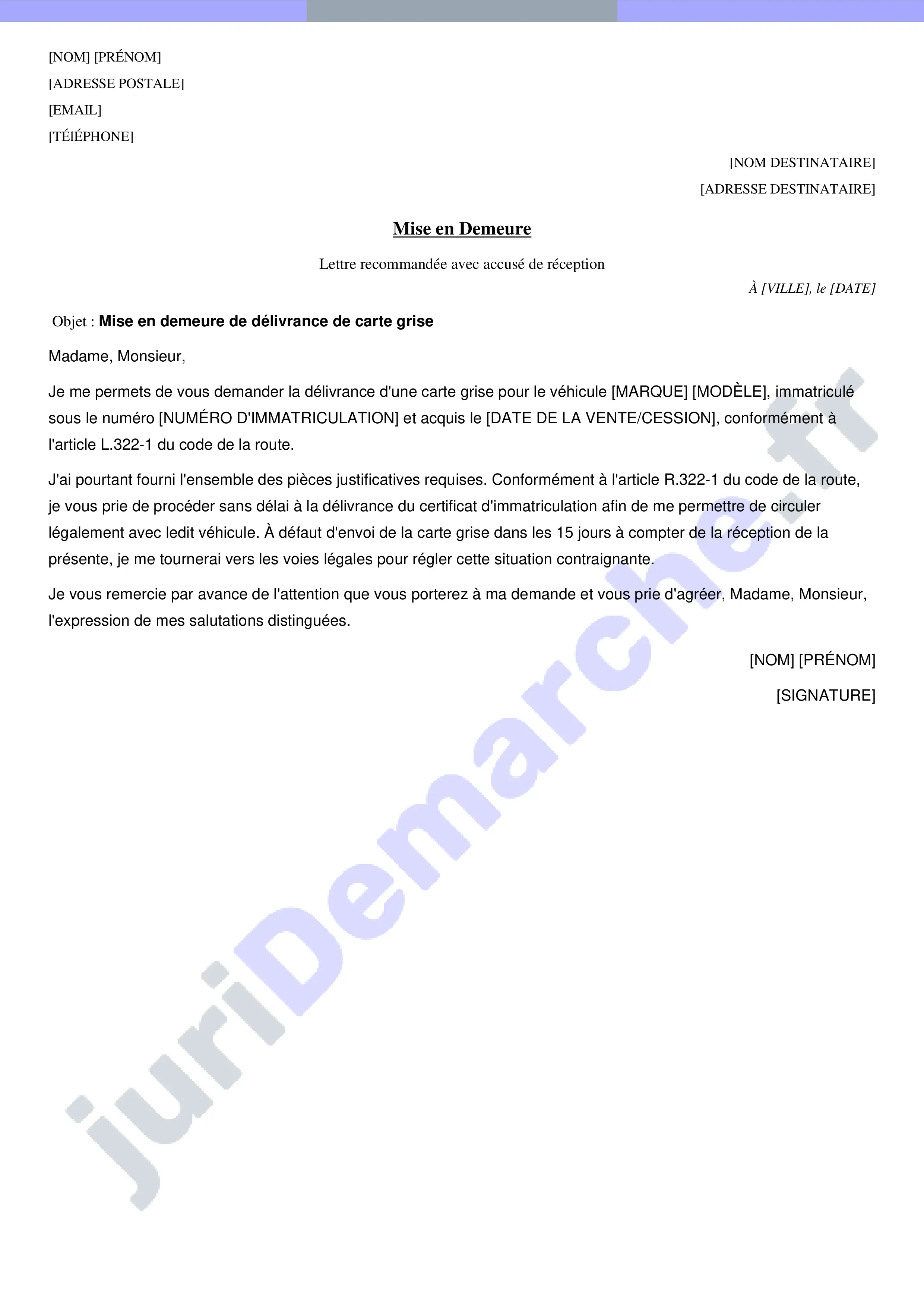 Lettre mise en demeure garage carte grise