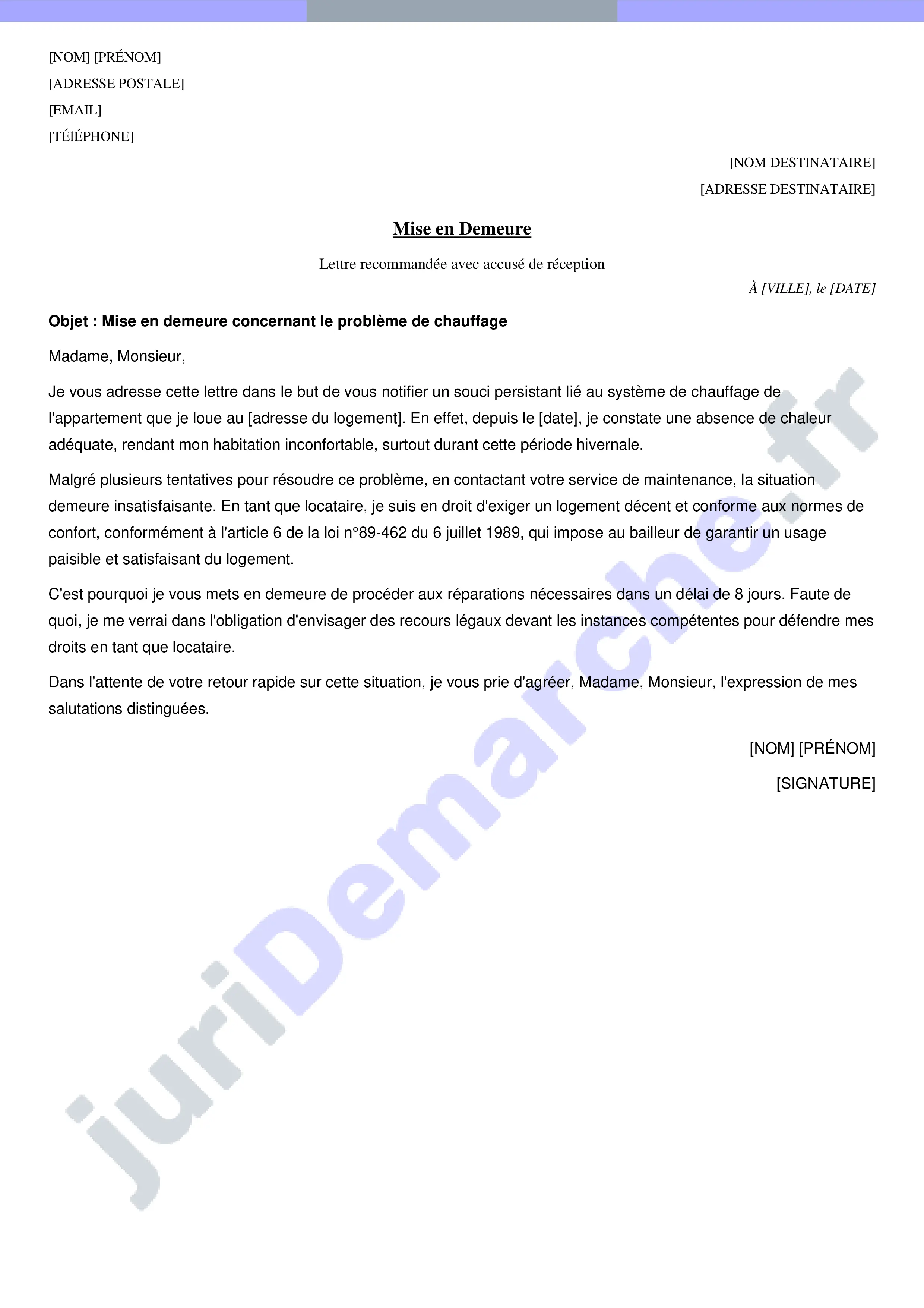 Mise en demeure bailleur chauffage