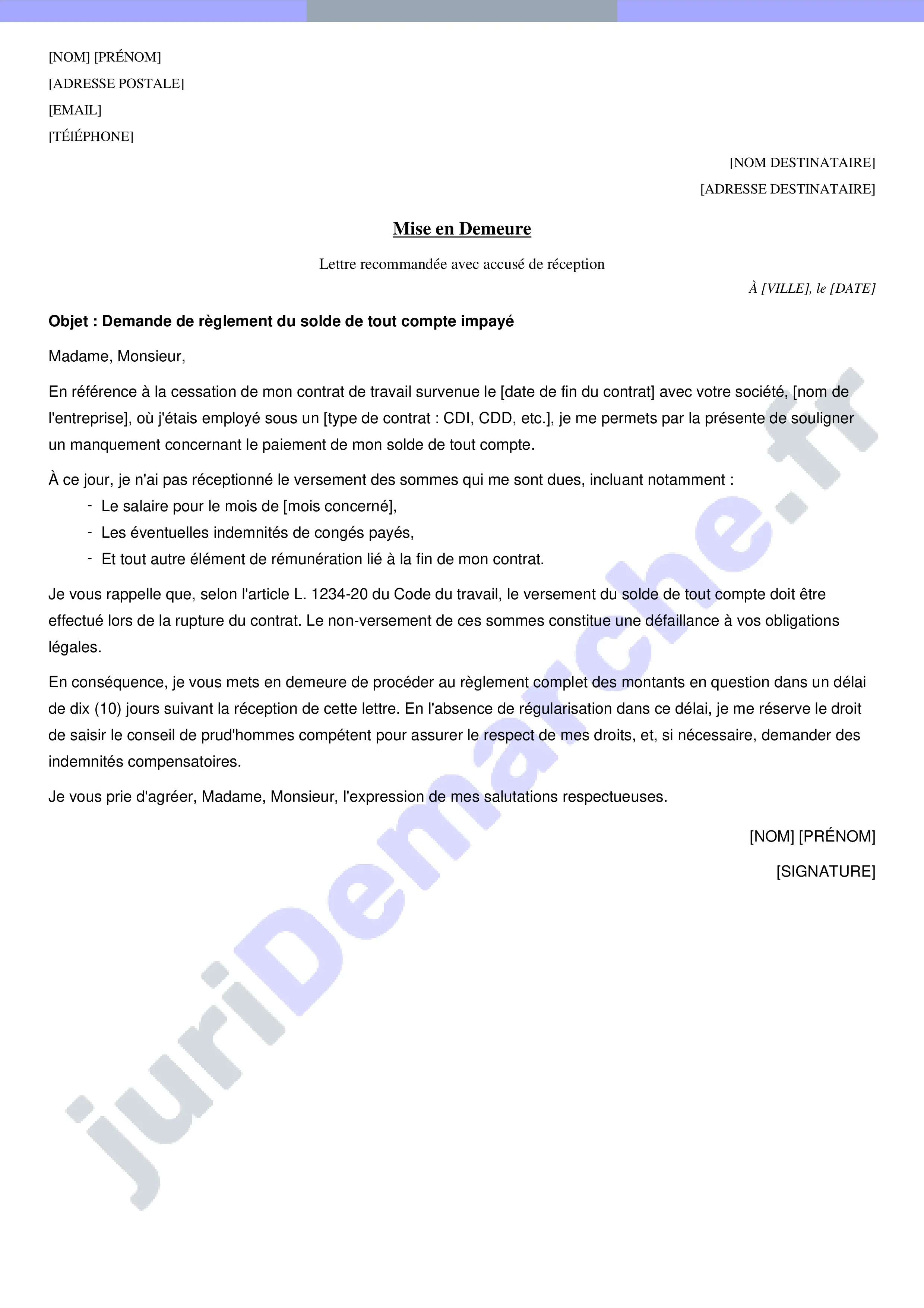 Mise en demeure pour non paiement de solde de tout compte : exemple