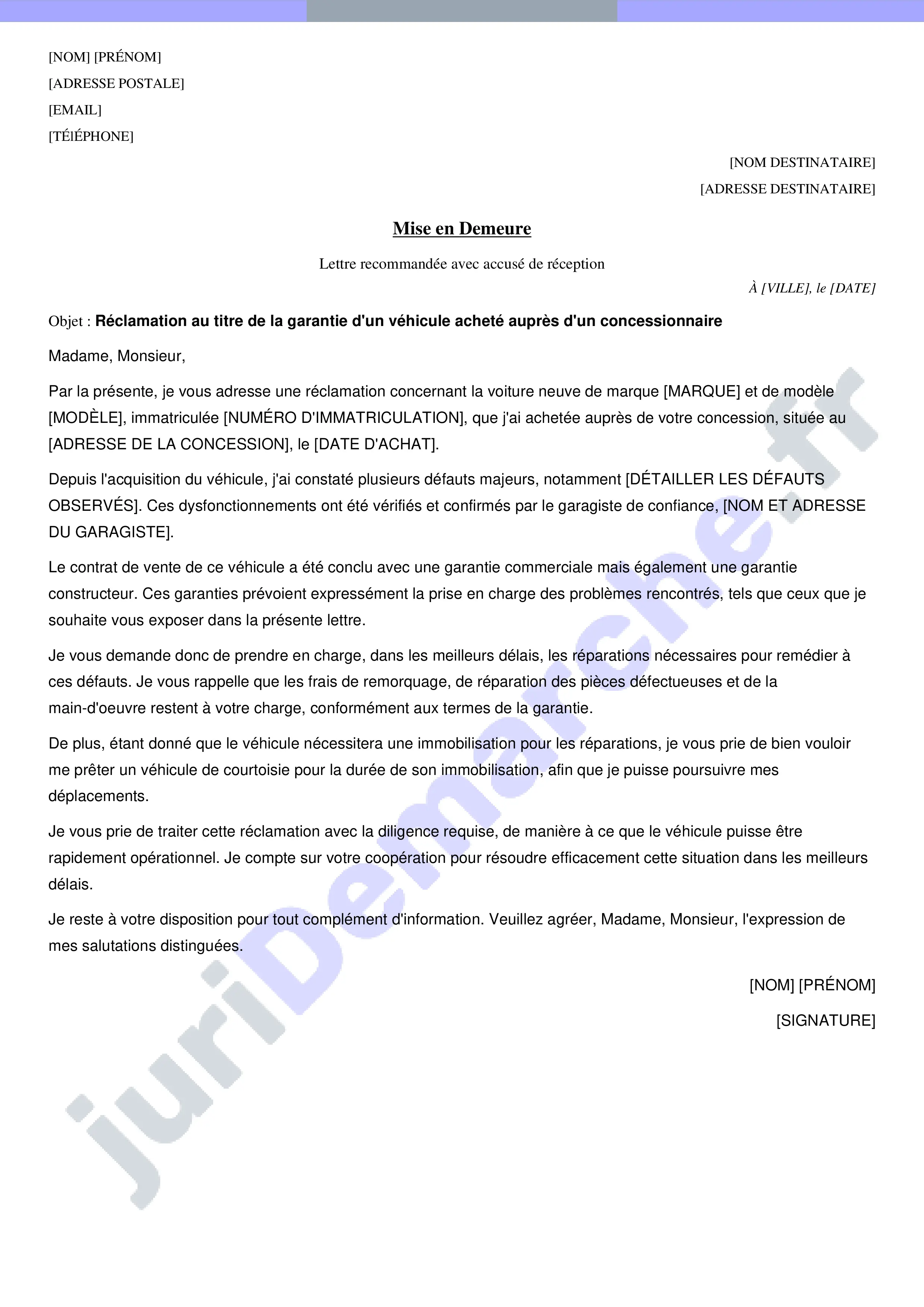 Lettre de réclamation concessionnaire automobile