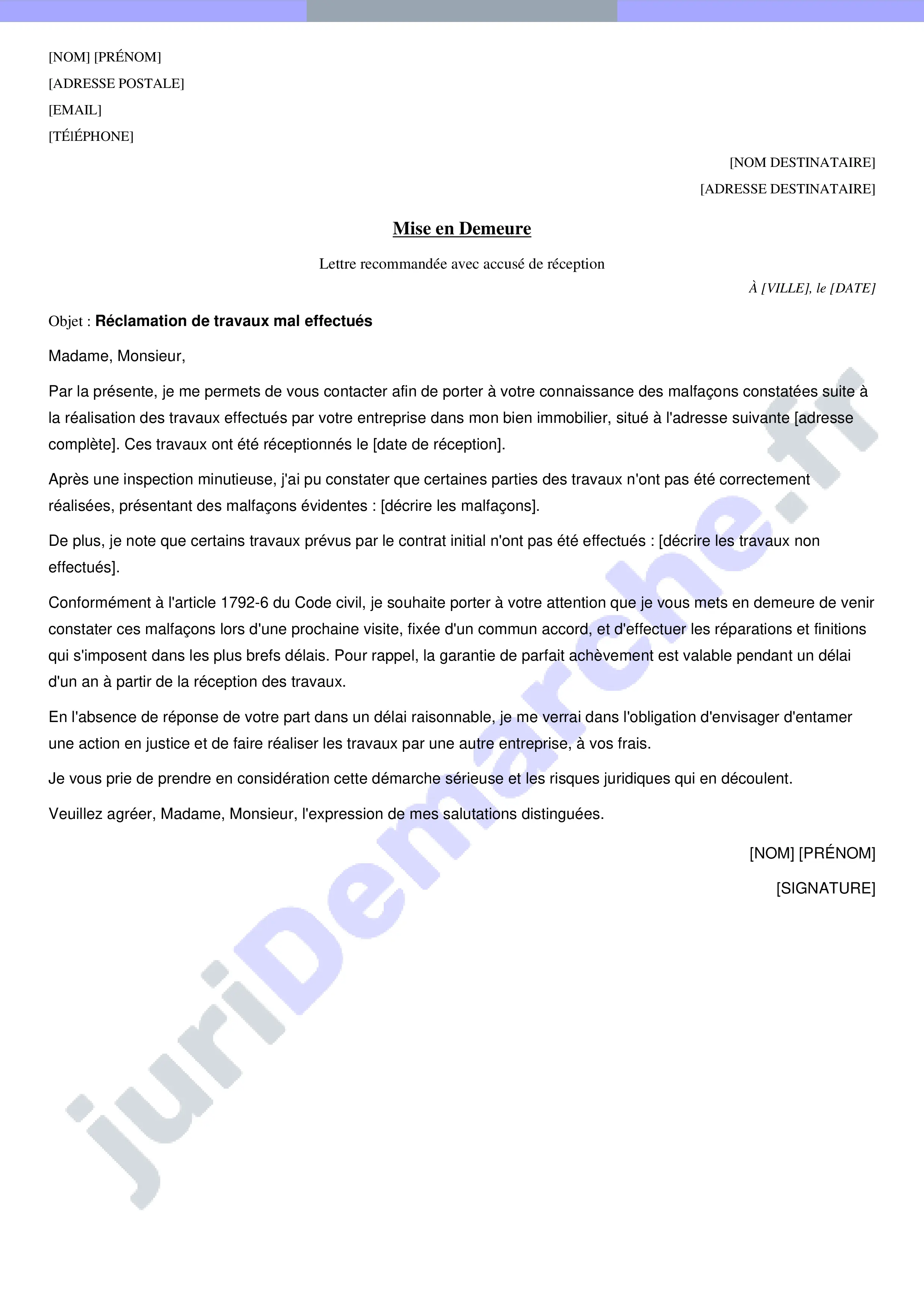 Lettre réclamation travaux mal effectués