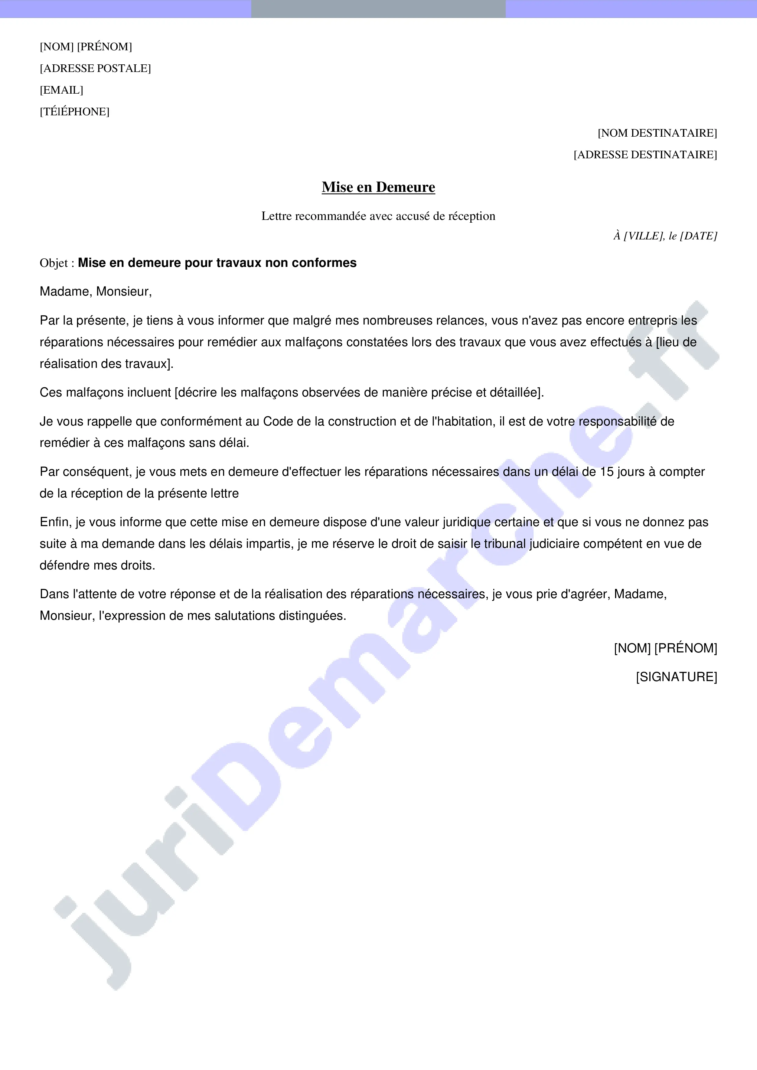 Modèle lettre mise en demeure travaux non conformes : exemple gratuit
