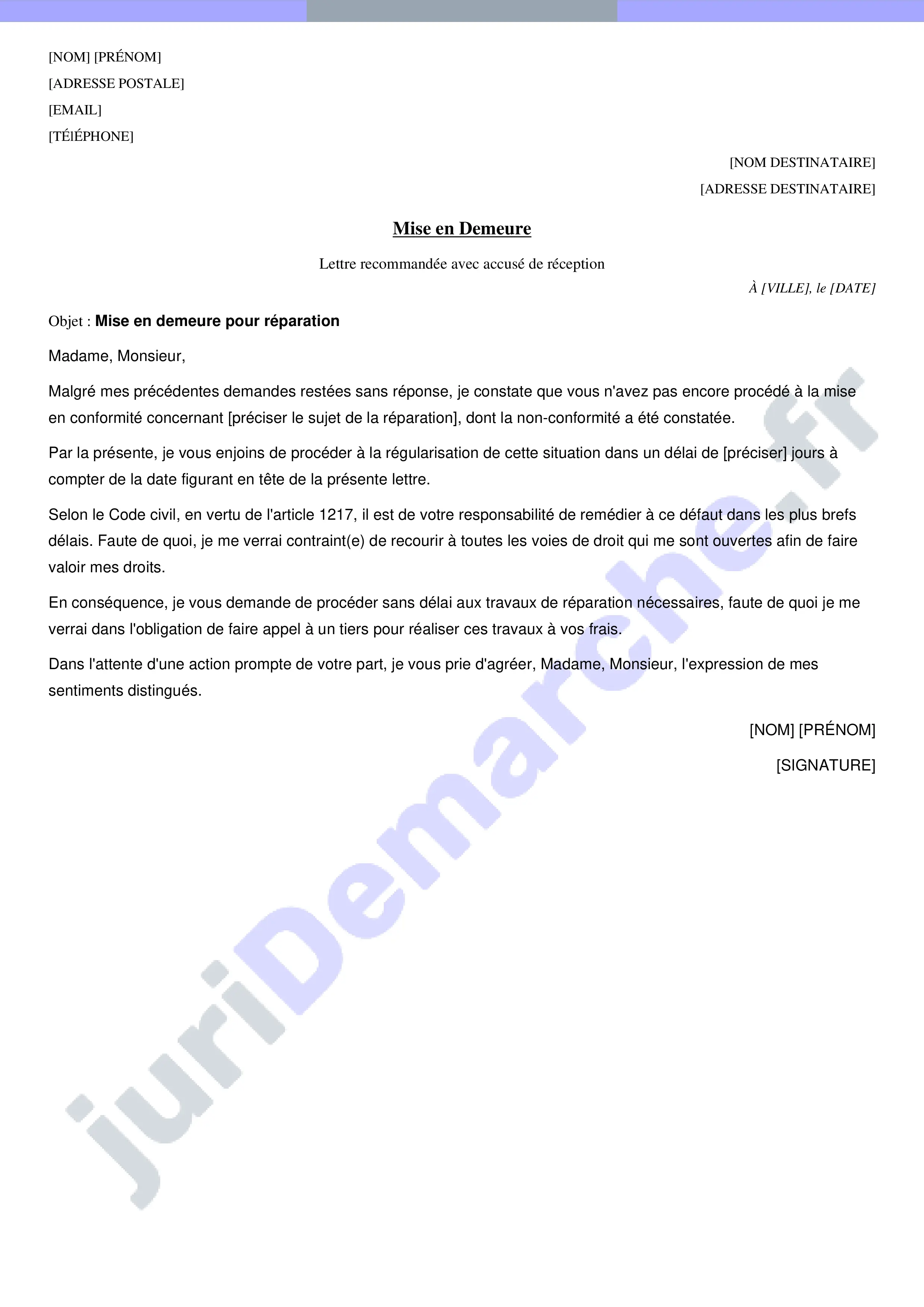 Lettre type de mise en demeure pour réparation