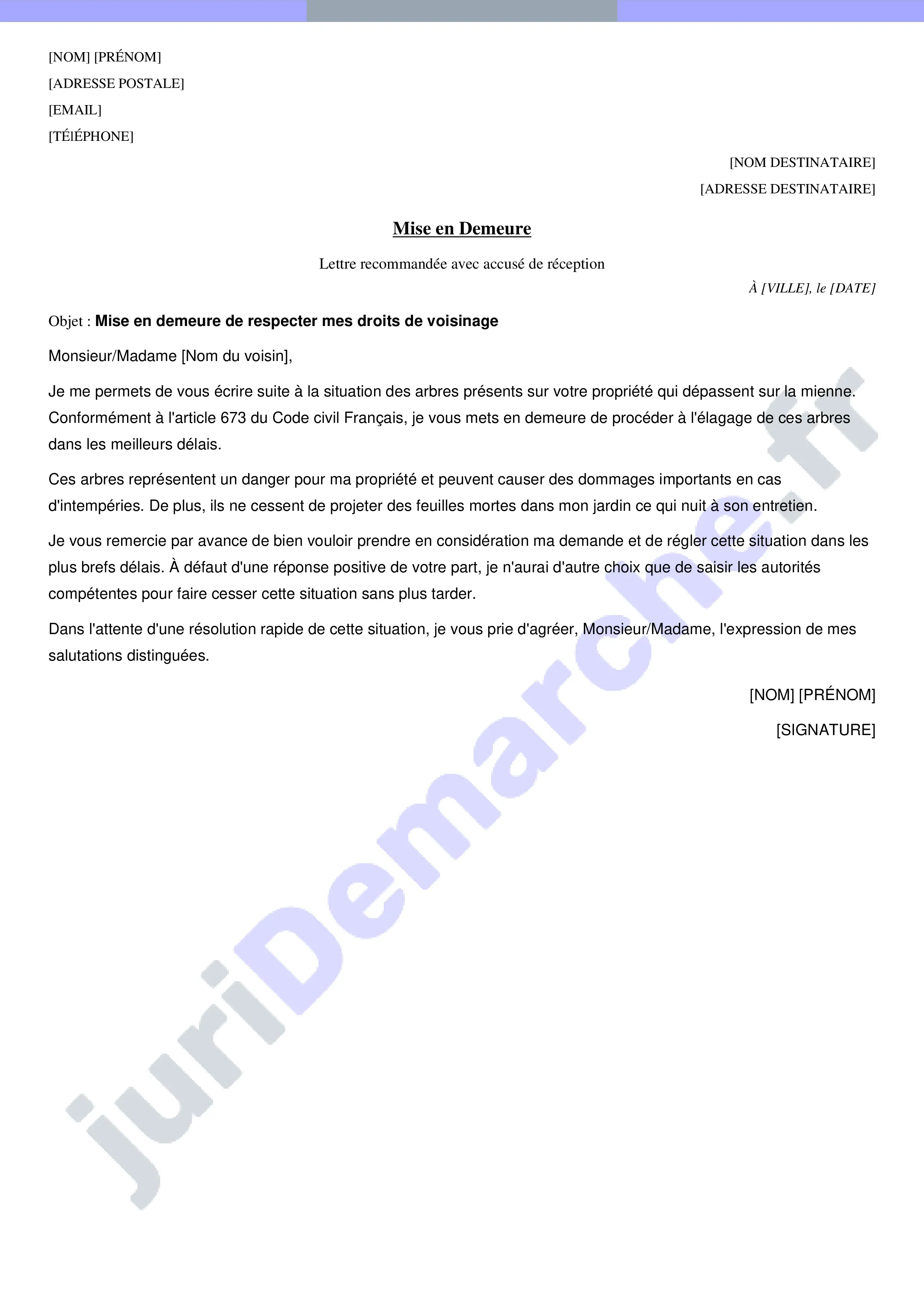 Lettre pour demande à son voisin de couper ses arbres
