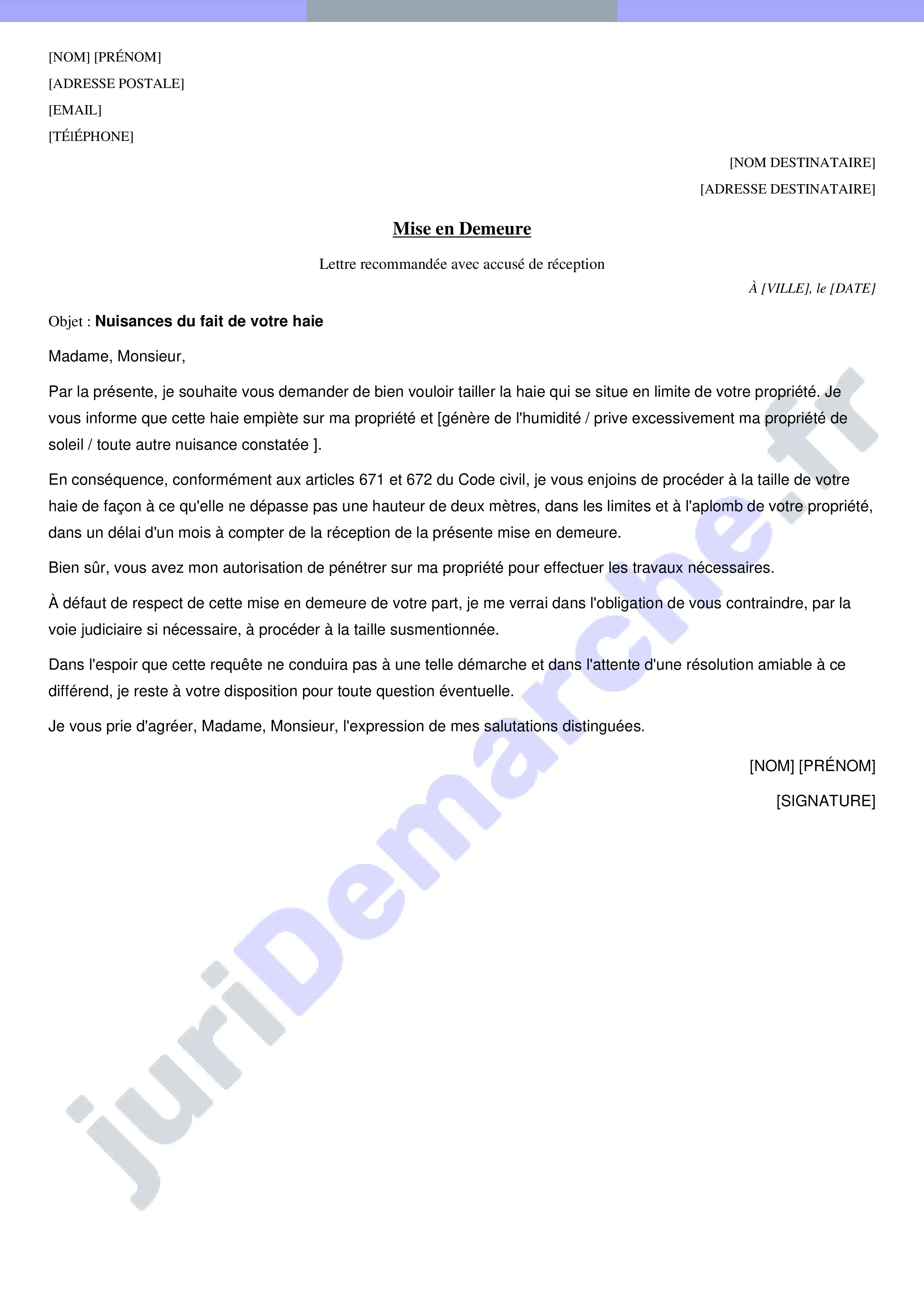 Modèle lettre pour demande voisin tailler sa haie